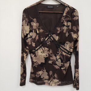 Axcess Womens Y2K Forest Fairy Sheer Babydoll Top Size L Brown Floral Office